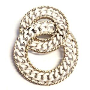 Vintage White & Gold-Tone Double Circle Metal Brooch Pin With Textured Chain Des
